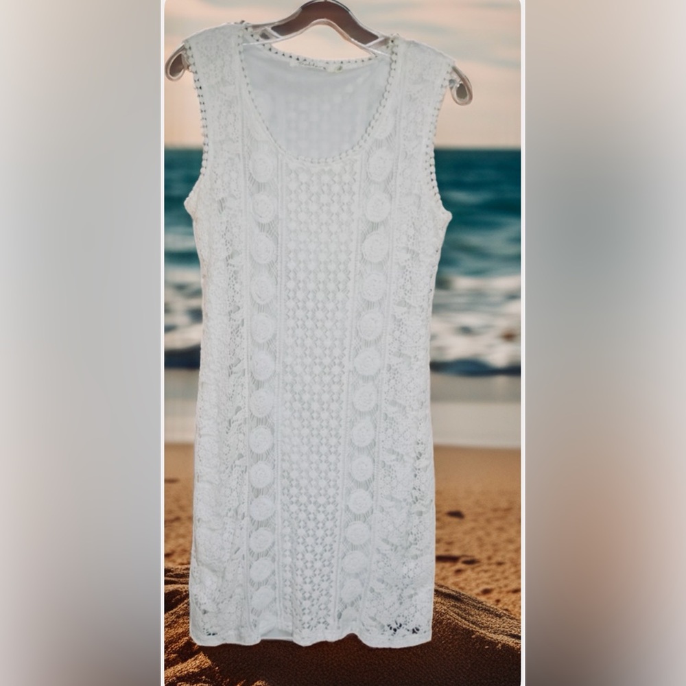 Anthropologie Solitaire White Crocheted Sleeveless Dress Size s